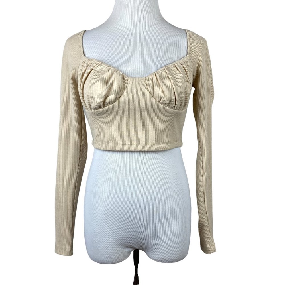 Princess Polly Crop Top 6 Beige Ribbed Knit Sweetheart Ruched Long Sleeve